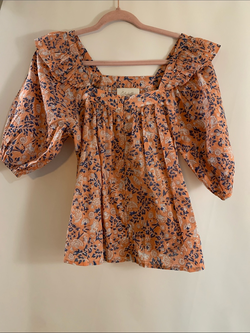 Cleobella Orange Floral Square-Neck Puff-Sleeve Button-Down Top